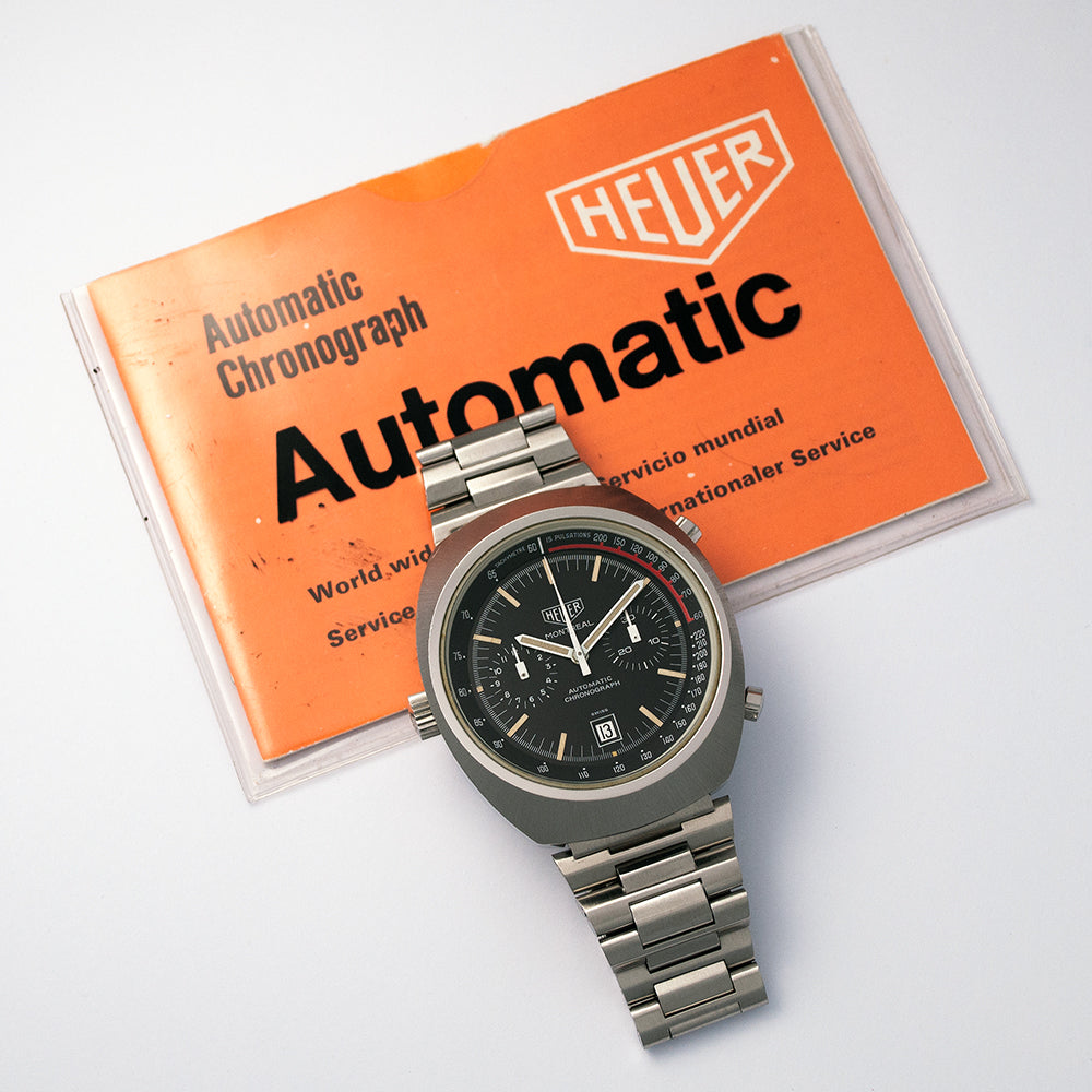 Heuer Montreal, «Stefan Bellof», Ref. 110.503NC Automatik-Chronograph, Datum, verkauft 1975, mit Garantie-Booklet