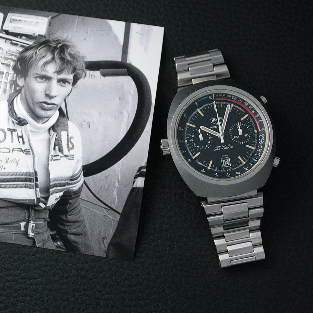 Heuer Montreal, «Stefan Bellof», Ref. 110.503NC  Automatik-Chronograph, Datum, verkauft 1975, mit Garantie-Booklet