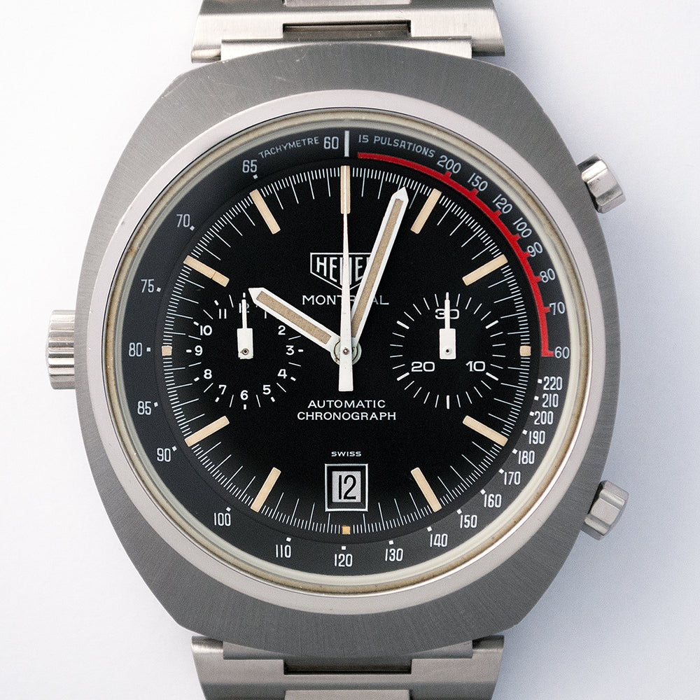 Heuer Montreal, «Stefan Bellof», Ref. 110.503NC  Automatik-Chronograph, Datum, verkauft 1975, mit Garantie-Booklet