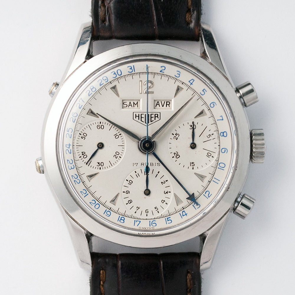 Heuer, Chronograph, Vollkalender, Valjoux 72, Stahl, ca. Ende 50er Jahre