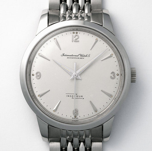 IWC Ingenieur, Ref. 666 A, versilbertes Zifferblatt, 1956, Automat, Original IWC «Guy Frères» Stahlarmband, revidiert, Garantie bis 02/24