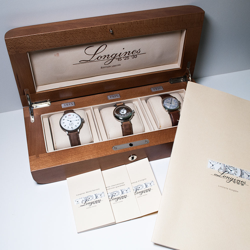 Longines `15 `25 `30, Vintage Collection, Limited Edition Nr. 008/1000, drei Edelstahl-Armbanduhren, Full-Set, ca. 2000