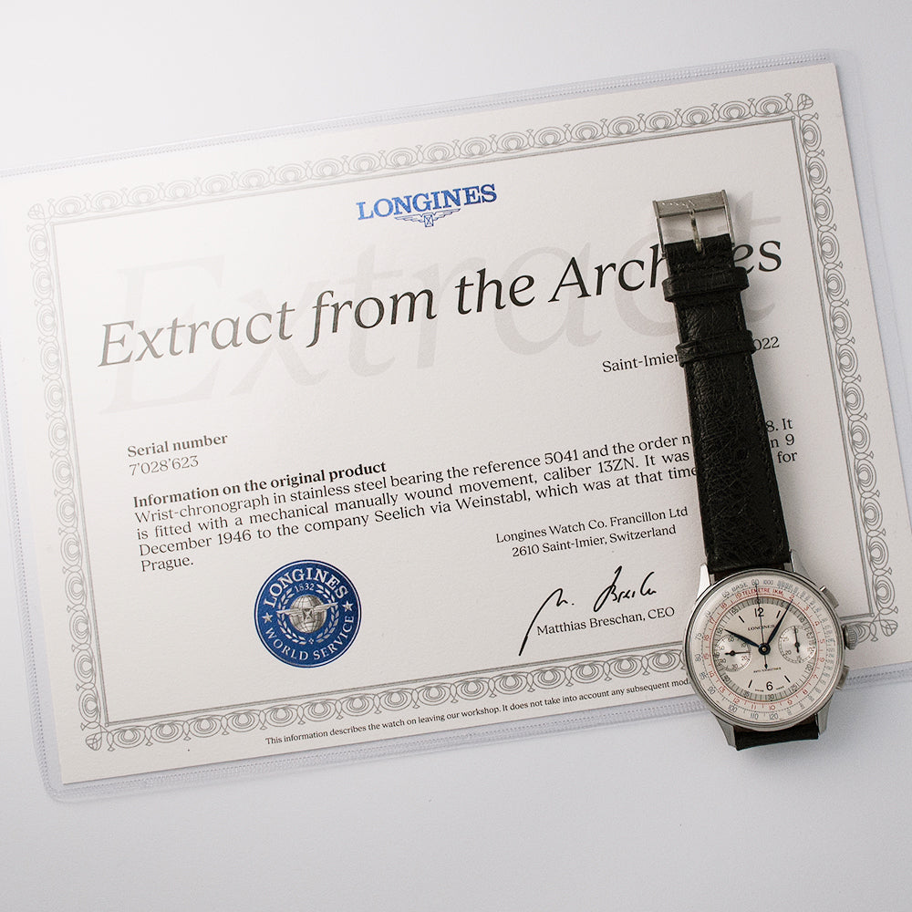 Longines Chronograph «Jumbo», Ref. 5041, Kaliber 13ZN, Flyback, 1946, Edelstahl, Handaufzug, Archivauzug von Longines, Werk restauriert, Garantie bis 12/2024