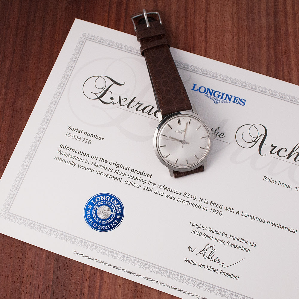Longines Herrenuhr, Ref. 8319, 1970, mit Archivauszug, Stahl, Handaufzug, zentrale Sekunde, Kaliber 284