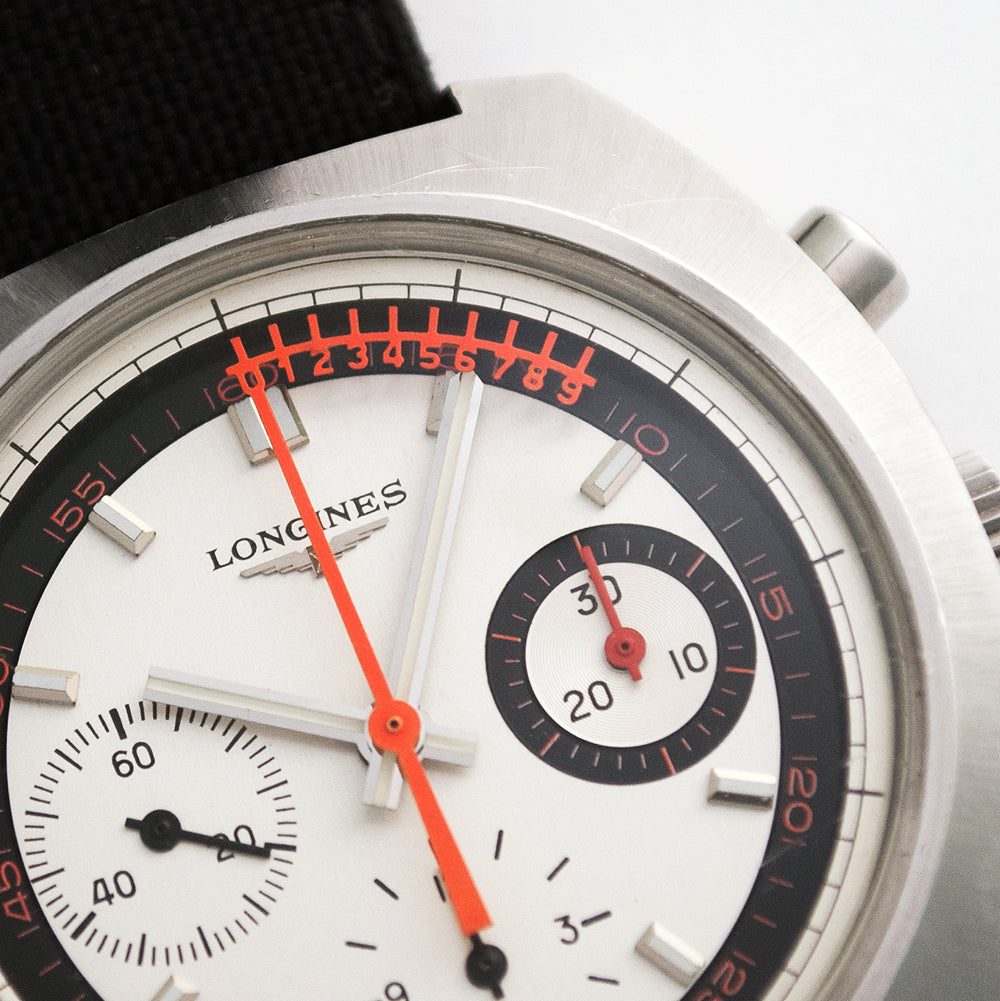 Longines Nonius, Chronograph, Ref. 8271 2, 1970er-Jahre, Kaliber Valjoux 726, Sekundenzeiger mit Nonius zum Ablesen der Zehntelsekunde