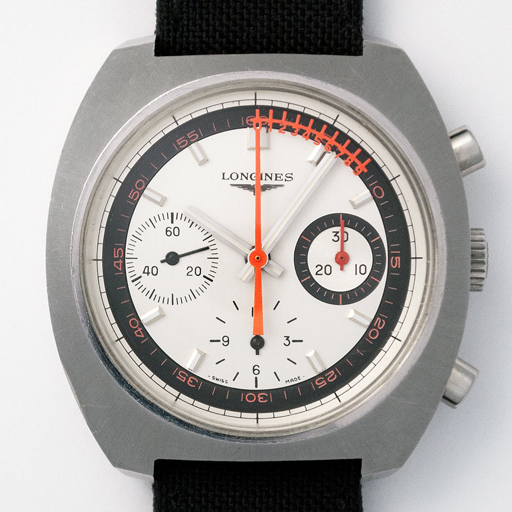 Longines Nonius, Chronograph, Ref. 8271 2, 1970er-Jahre, Kaliber Valjoux 726, Sekundenzeiger mit Nonius zum Ablesen der Zehntelsekunde