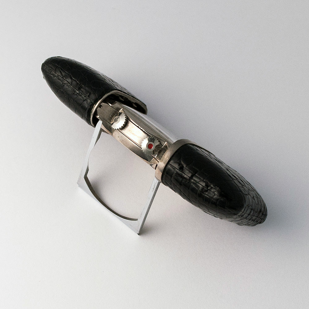 Movado Ermetophon, Reisewecker, Edelstahl mit schwarzem Leder