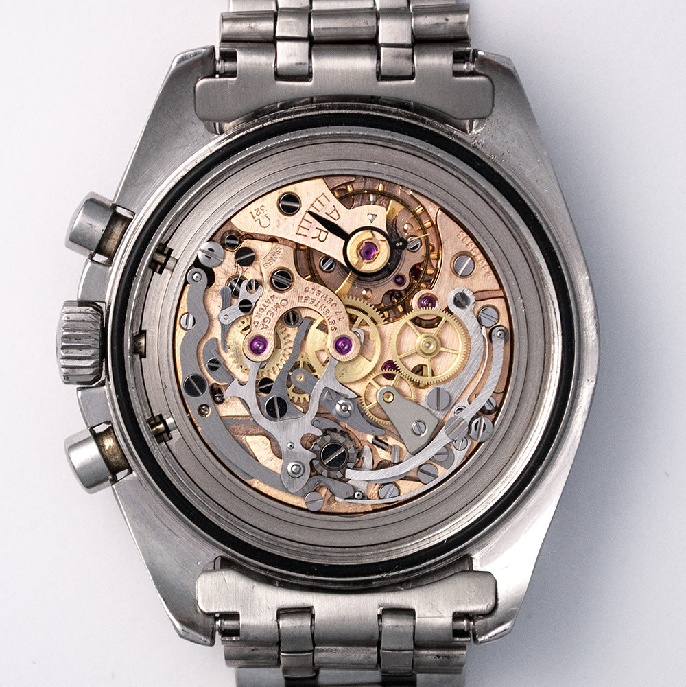 Omega Speedmaster Professional, Ref. 105.012-65, Kaliber 321, 1966/67, «Omega-Holzer»-Stahlband mit Faltschliesse