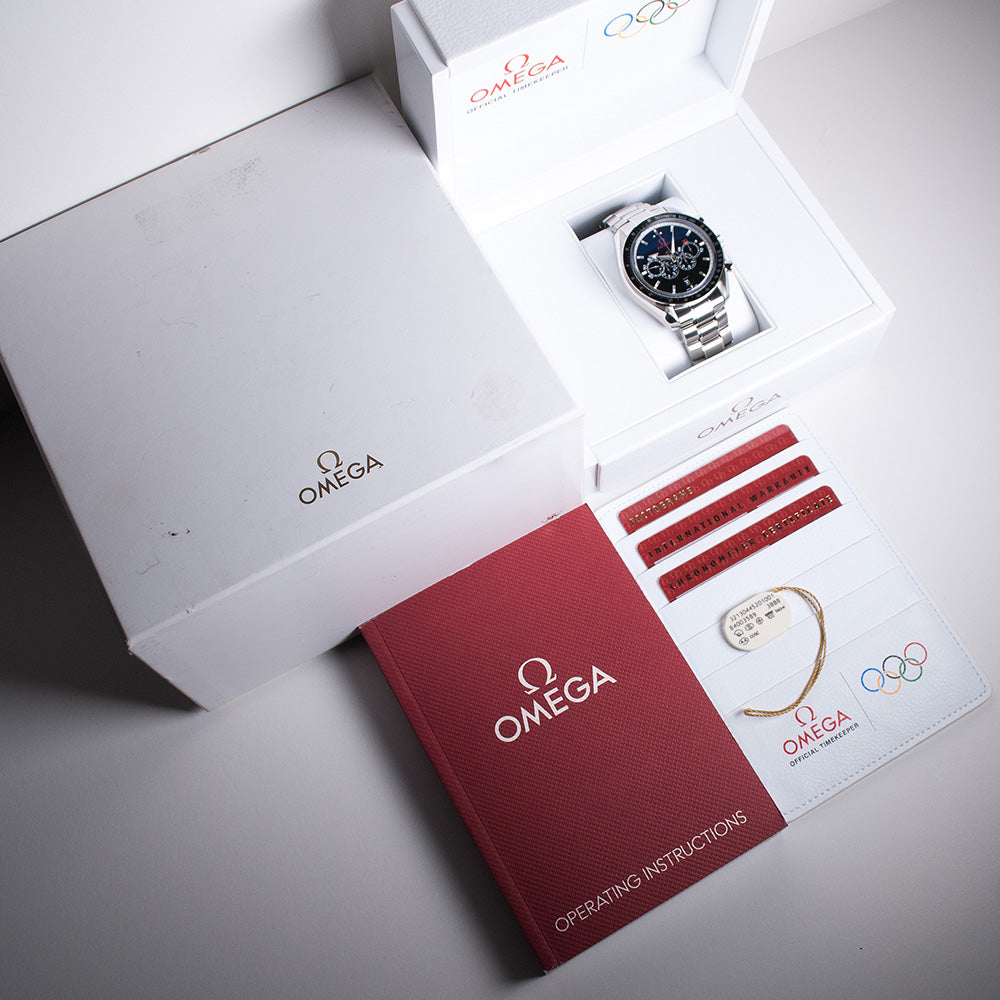 Omega Speedmaster, olympische Kollektion, Ref. 321.30.44.52.01.001, Full-Set, 2008, Automat, Co-Axial, Chronograph, Chronometer, mit Werksrevision