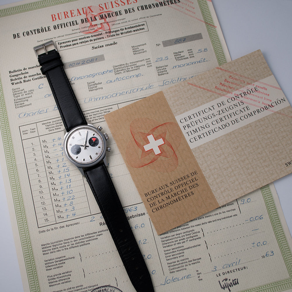 Schuluhr, Uhrmacherschule Solothurn, Chronograph, Valjoux 23, Stahl, mit Chronometerzertifikat, 1963