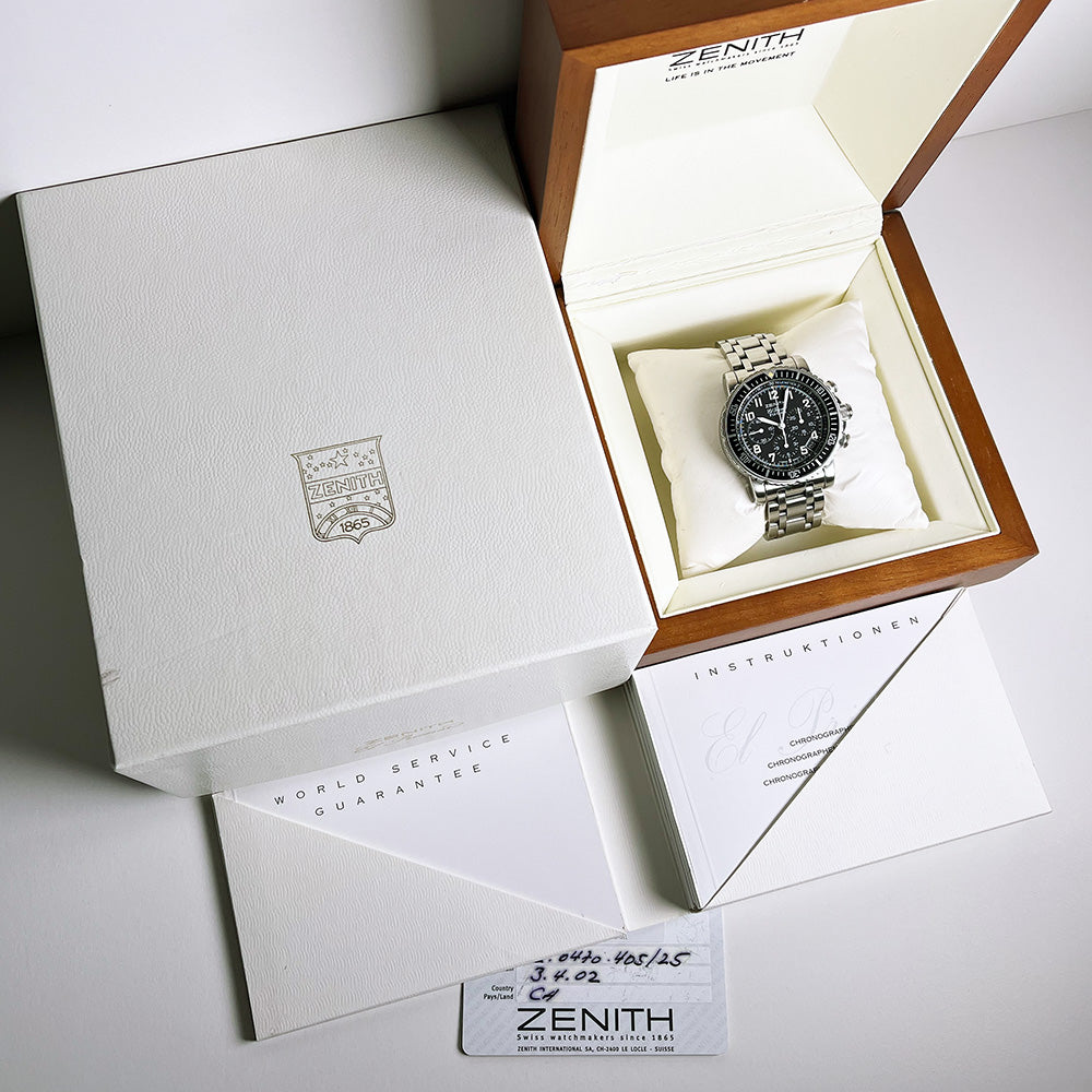 Zenith El Primero, Flyback, Ref. 01/02.0470.405, Edelstahl, Automat, 2002, mit Original-Zenith-Stahlband, Box und Papiere