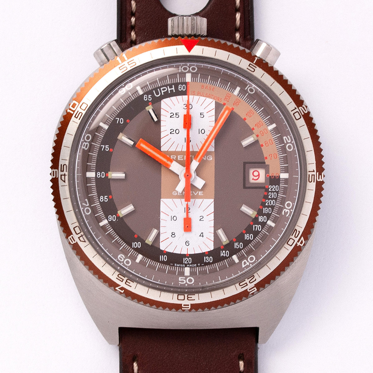 Breitling «Bullhead» Pupitre, Referenz 7101, 1971, Edelstahl, Handaufzug-Chronograph