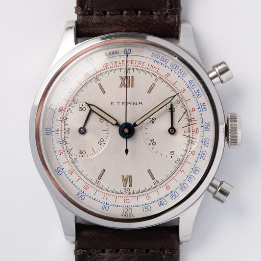 Eterna, Chronograph, 1950er-Jahre, Oversized 37,5 mm, Stahlgehäuse, Kaliber 703 R (Valjoux 22)