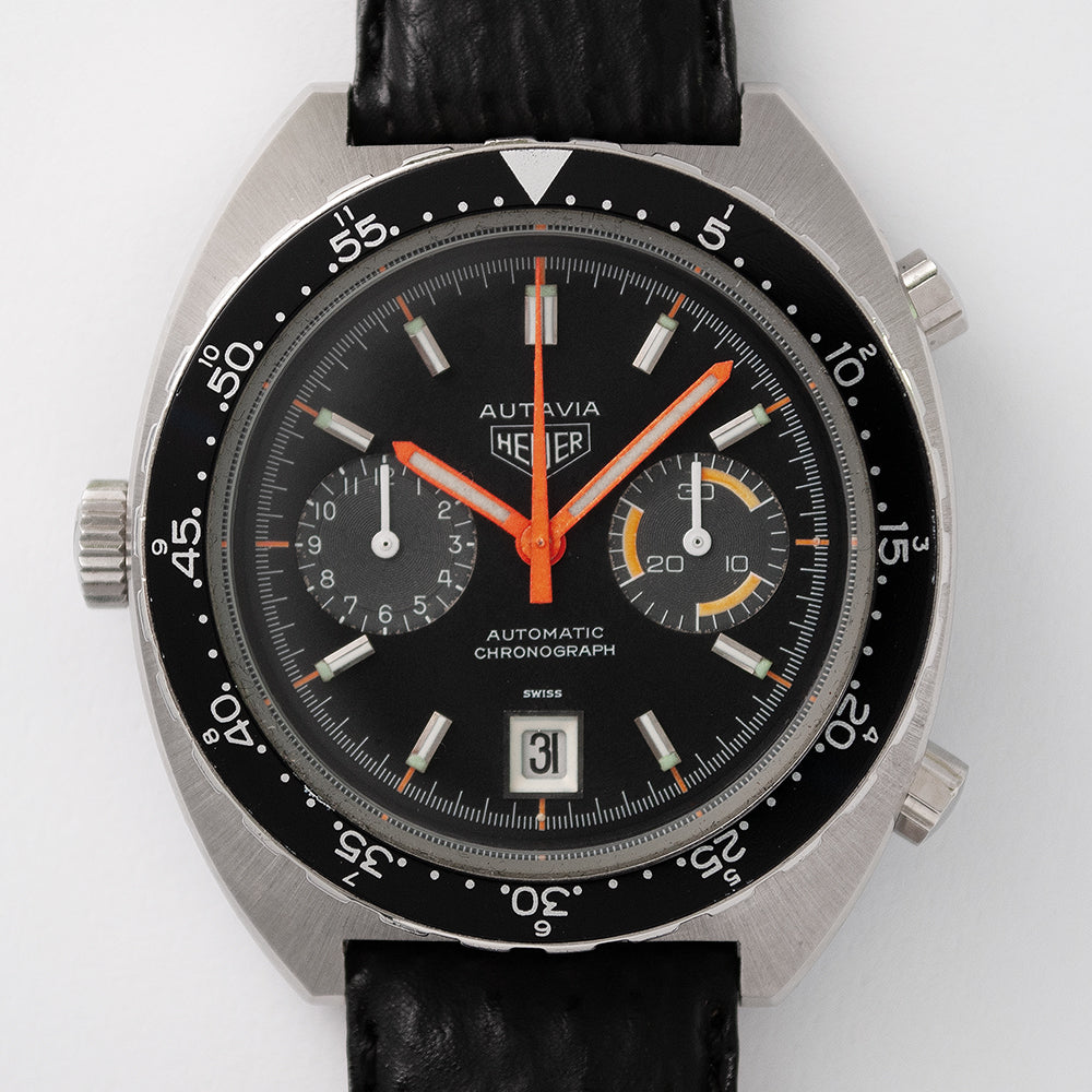 Heuer  Autavia, Ref. 11630 MH, die Nachfolgerin des «Orange Boy» (Ref. 1163), Edelstahl, Mineralglas, Kaliber 12