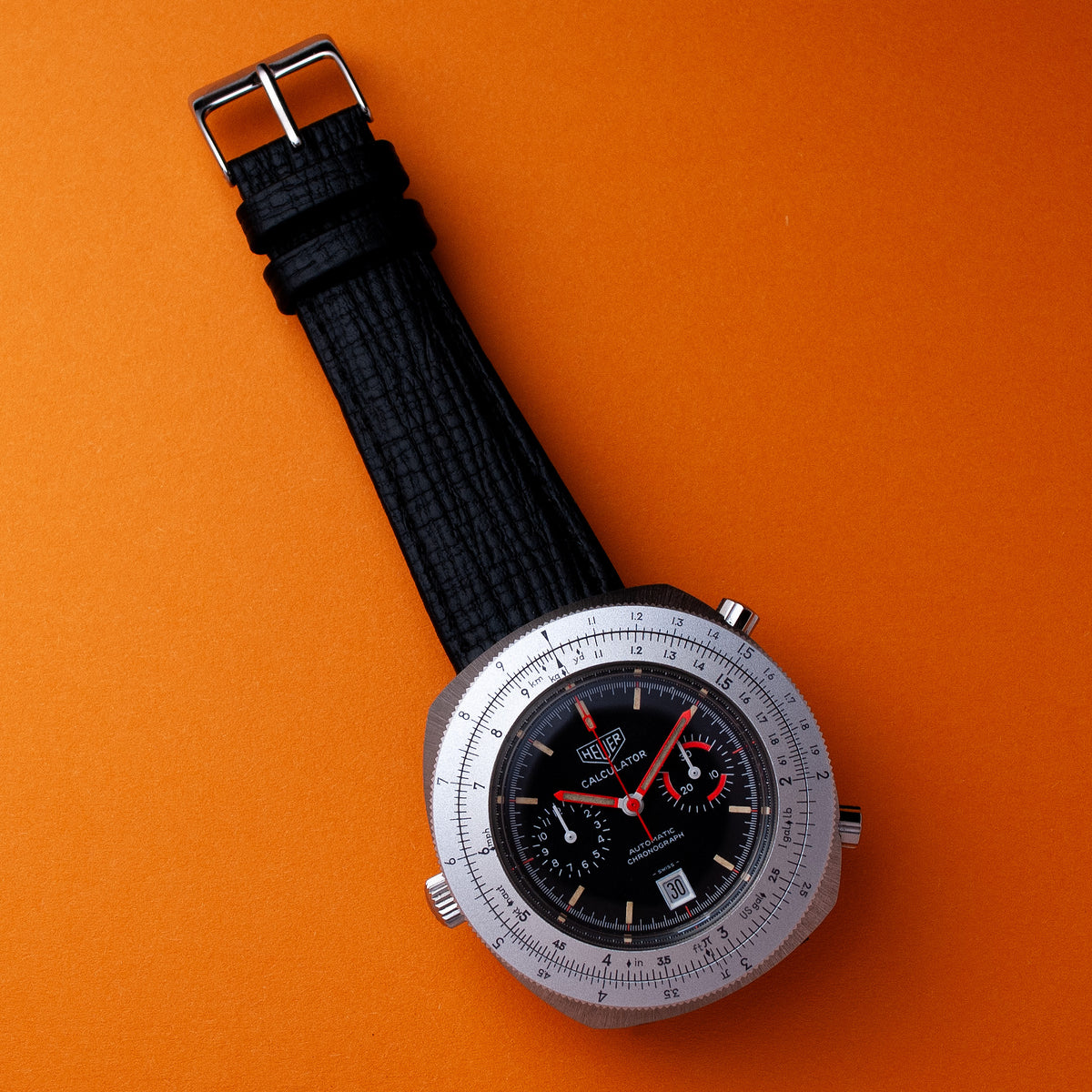 Heuer Calculator, Referenz 110.633, 1970er-Jahre, Edelstahl, Automatik-Chronograph, Kaliber 12