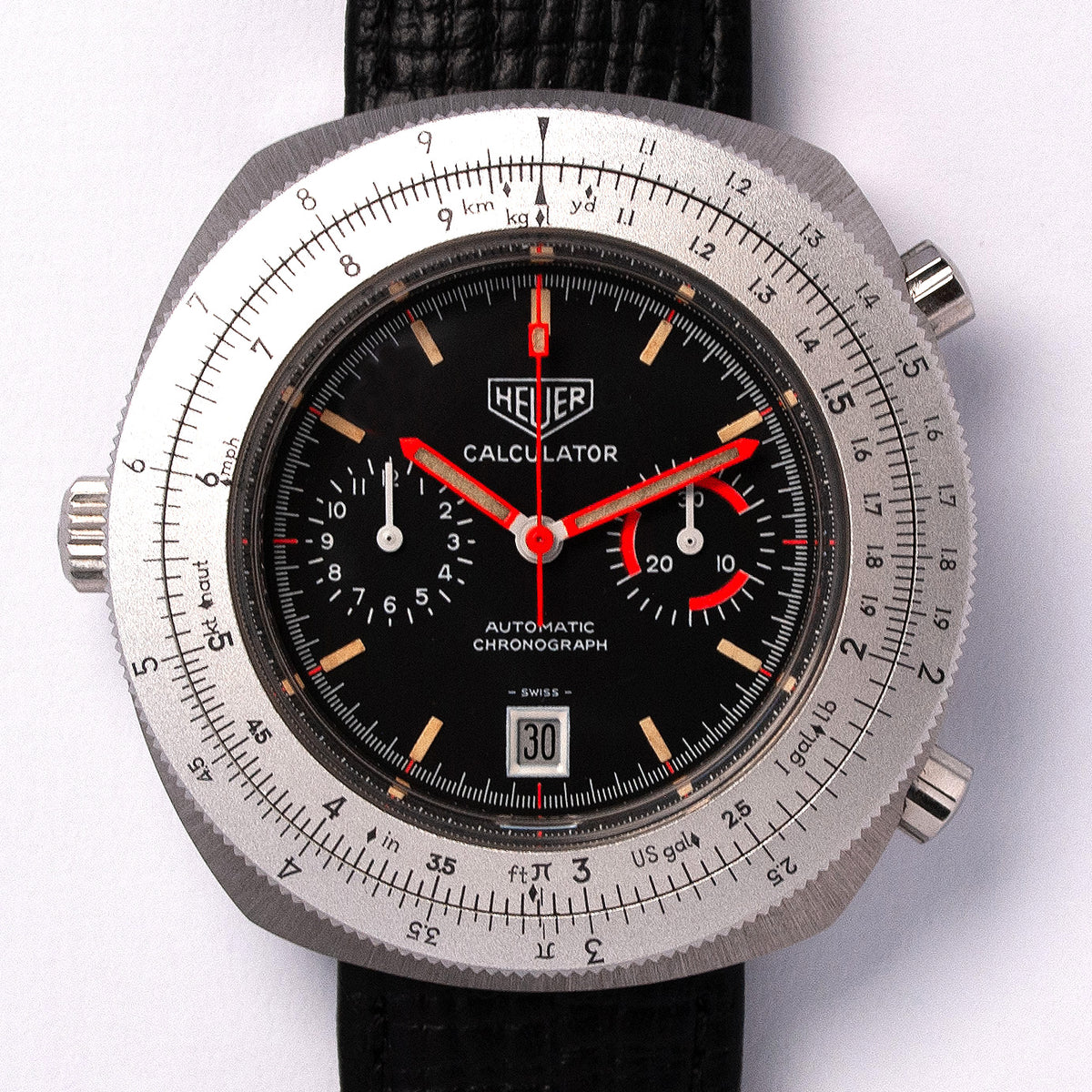 Heuer Calculator, Referenz 110.633, 1970er-Jahre, Edelstahl, Automatik-Chronograph, Kaliber 12