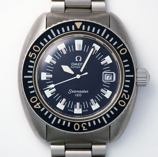 Omega Seamaster 120, Deep Blue, Ref. 166.073, Edelstahl, Stahllünette mit Bakeliteinsatz, Omega-Stahlband