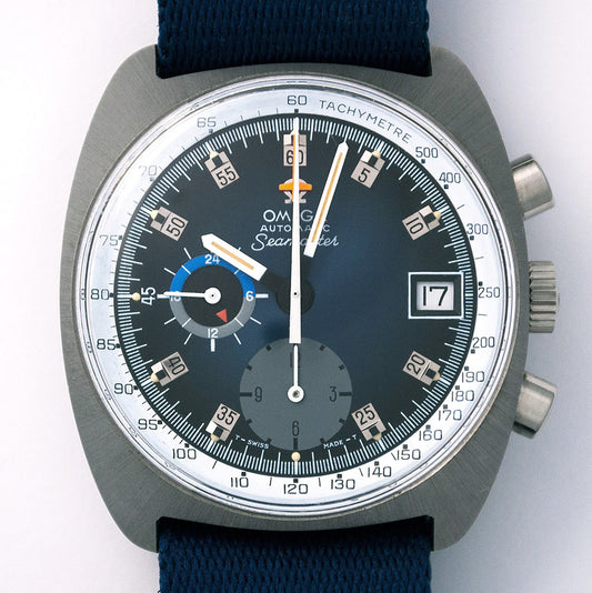 Omega Seamaster, Automatik, Chronograph, Ref. 176.007, Kaliber 1040, seltene blaue Zifferblattvariante, 1973