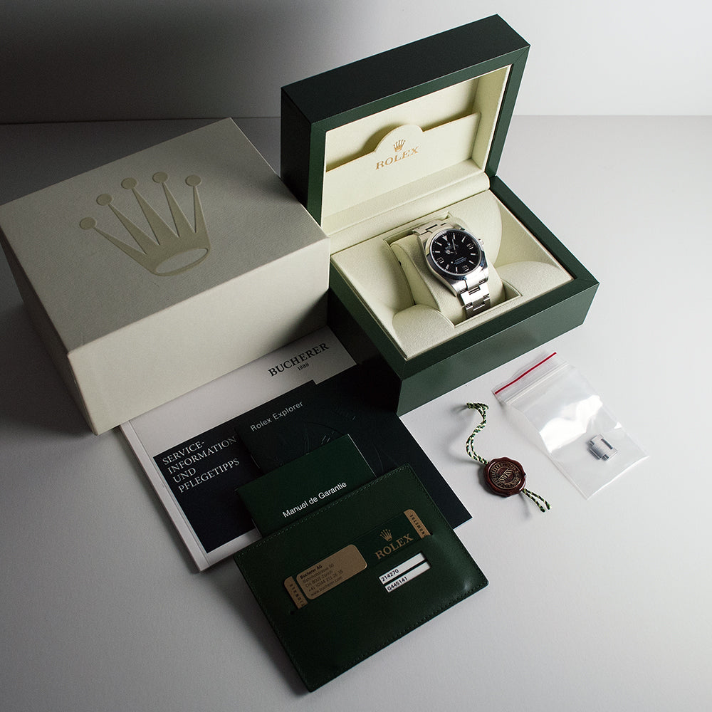 Rolex Explorer 1, Mk1, Ref. 214270, 39 mm, LC 010 (Schweiz), Full-Set, vom Erstbesitzer 2012 bei Bucherer gekauft