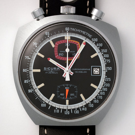 Sicura Chronograph, «Bullhead», Valjoux 7734, Edelstahl, 1970er-Jahre